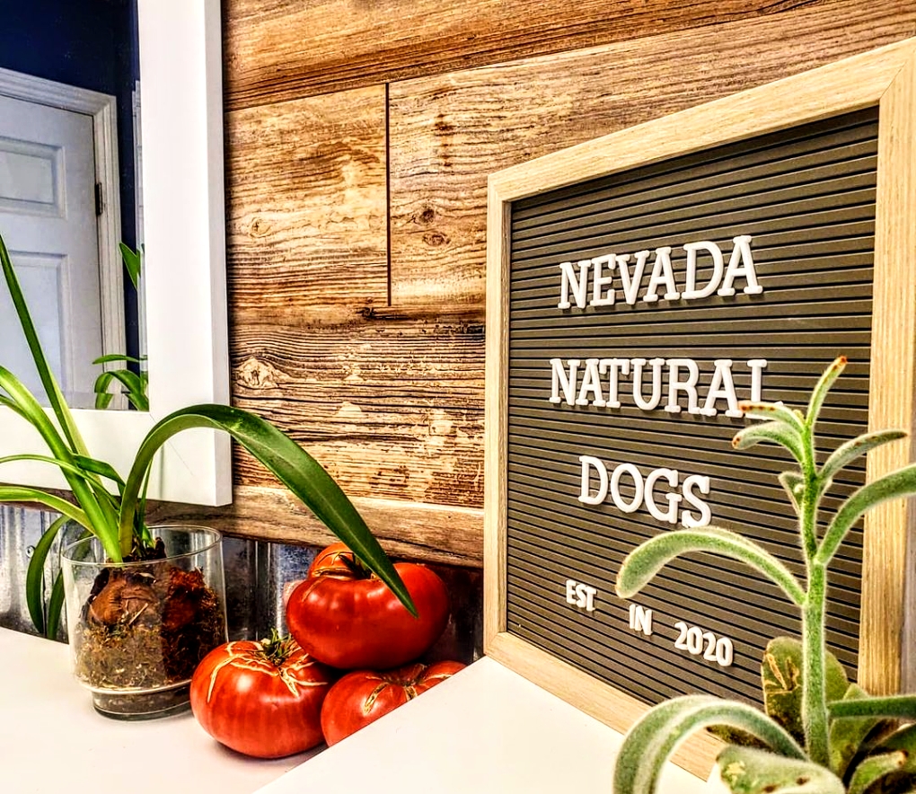 The Nevada Natural Dogs sign, established 2020, on a reclaimed-wood wall
